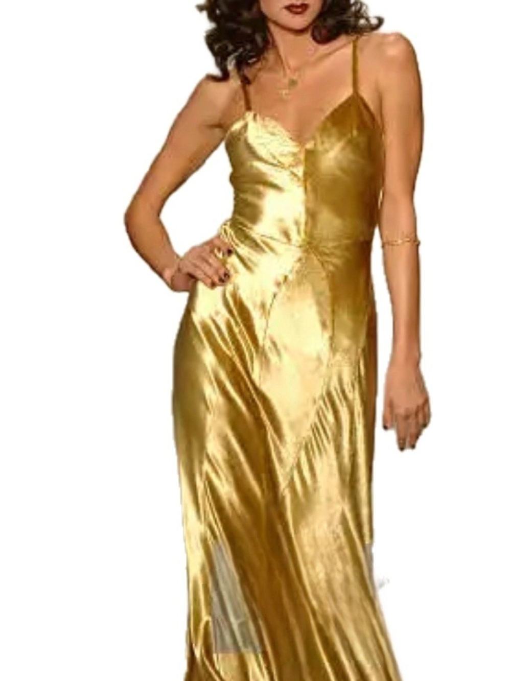 Gold Satin Slip Velvet Dress - Spaghetti Strap Evening Gown